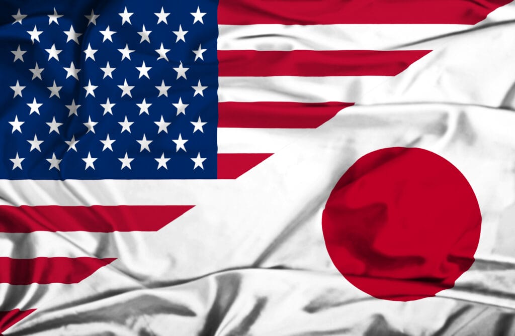 Waving flag of Japan and USA